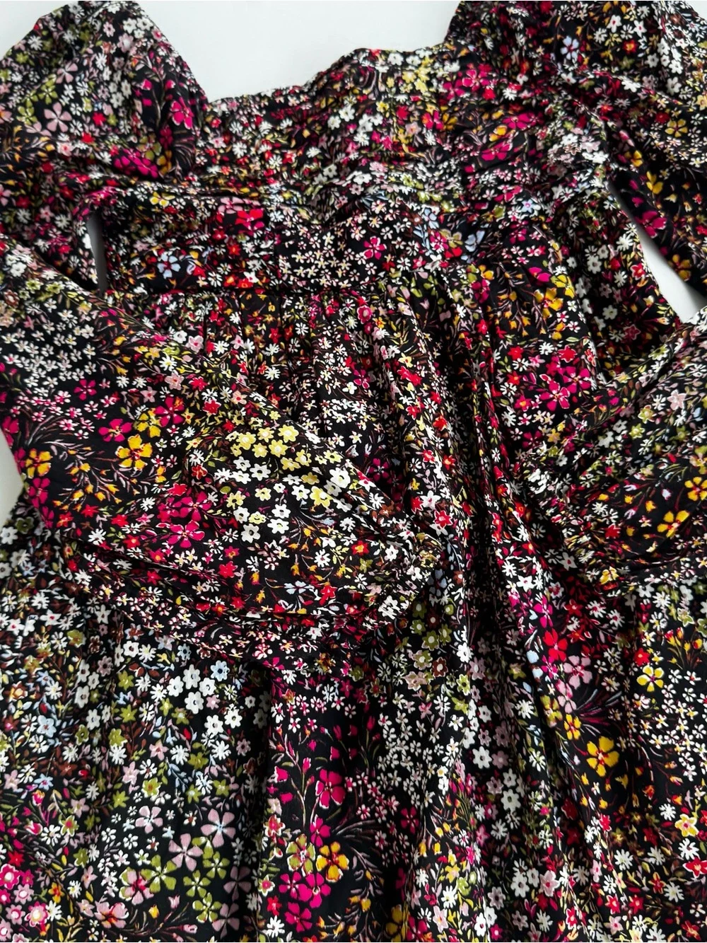 GAP Black Floral Smocked Long Sleeve Dress with Pink, Yellow & White Flowers